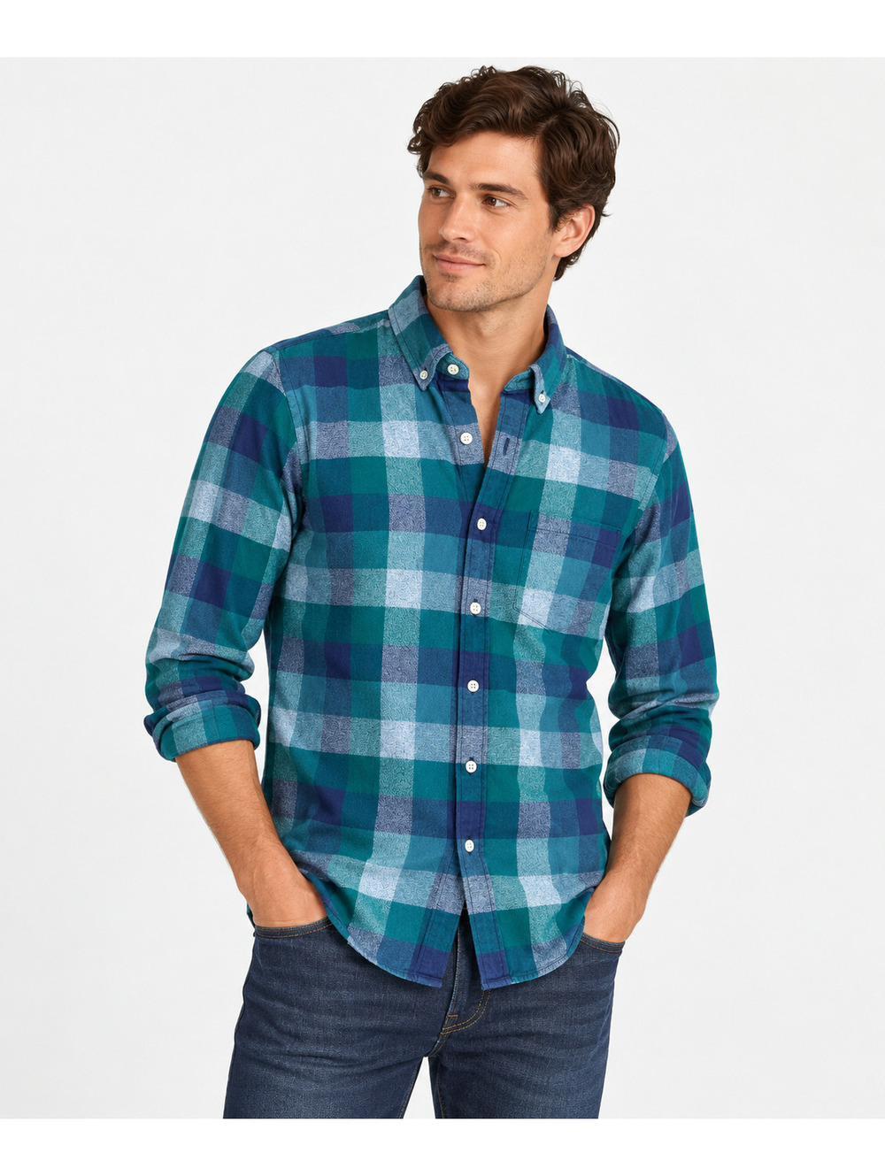 J.Crew Men's Slim Fit Plaid Flannel Button Down Shirt Green Blue Size Small